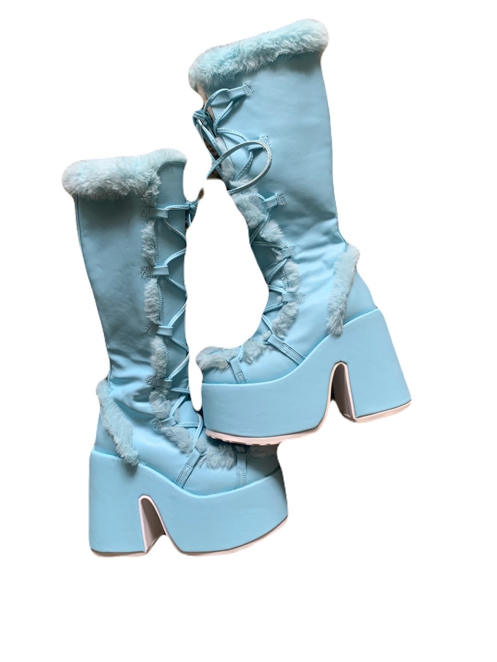 Demonia Sky Blue 7 Faux Fur Lace-Up Platform Knee-High Boots Punk Whimsigoth